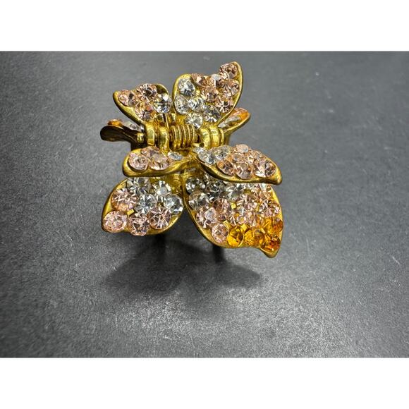 Vintage QS Signed Butterfly Hair Claws Metal Gold Tone Clear Rhinestones - Picture 3 of 10